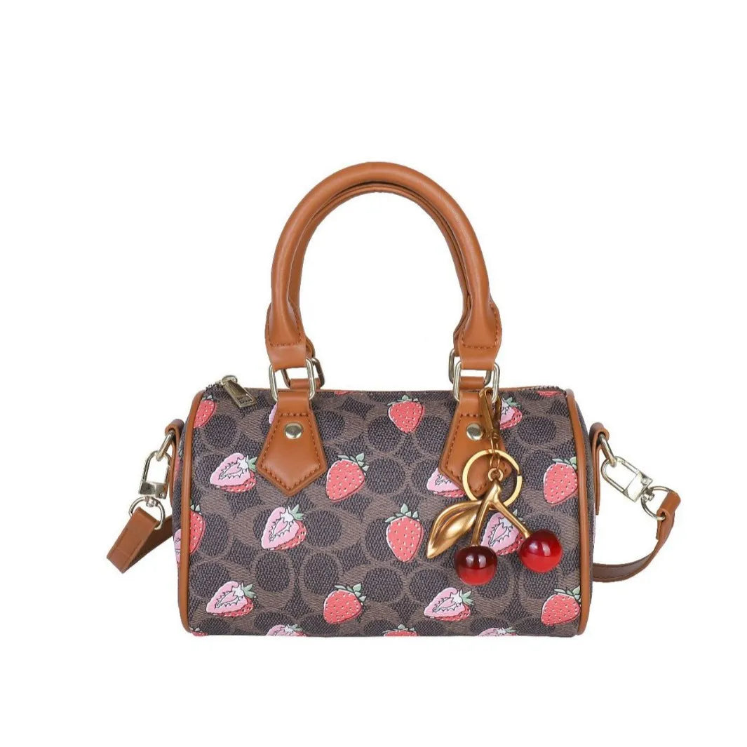 Cherry Print PU Leather Boston Crossbody Shoulder Bag – Luxury Designer Handbag for Women