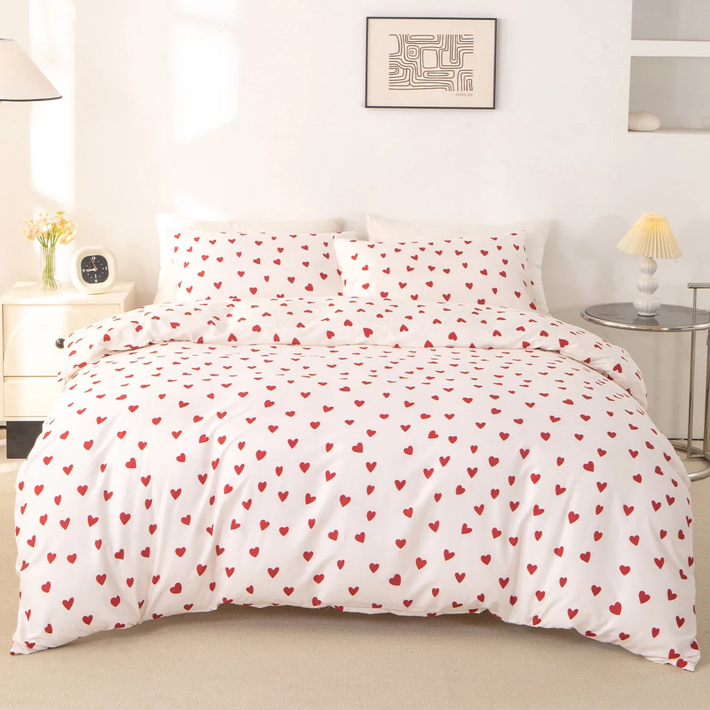 Red Heart Print Duvet Cover Set – 3-Piece Soft Skin-Friendly Bedding with Pillowcases, Twin to King