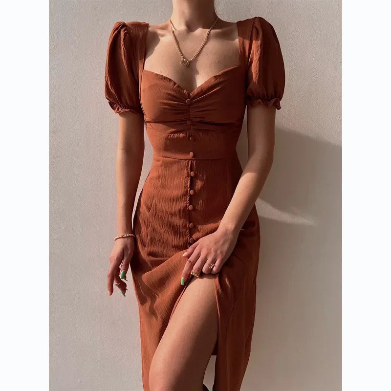 V-Neck Puff Sleeve High Waist Split Midi Dress — Elegant Single-Breasted Solid Dress
