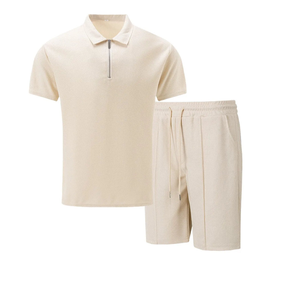 Men's Waffle Solid Color Zip Lapel Short Sleeve & Shorts Set – European Summer 2-Piece Suit