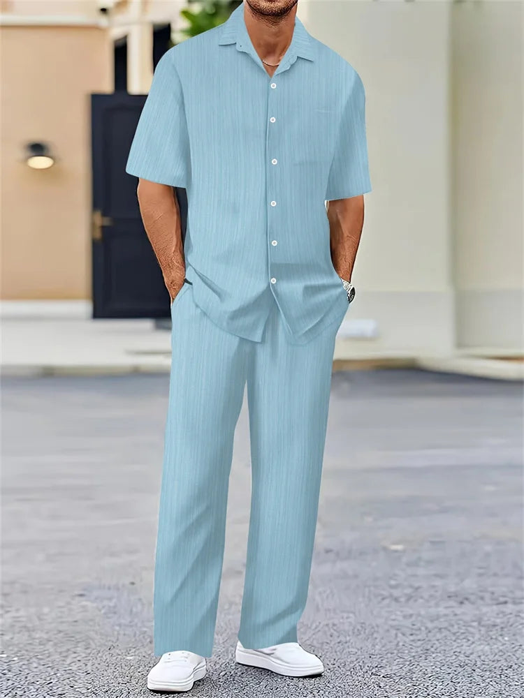 Men's 3D Striped Print Lapel Shirt & Shorts Casual Set – Autumn Outdoor 2-Piece
