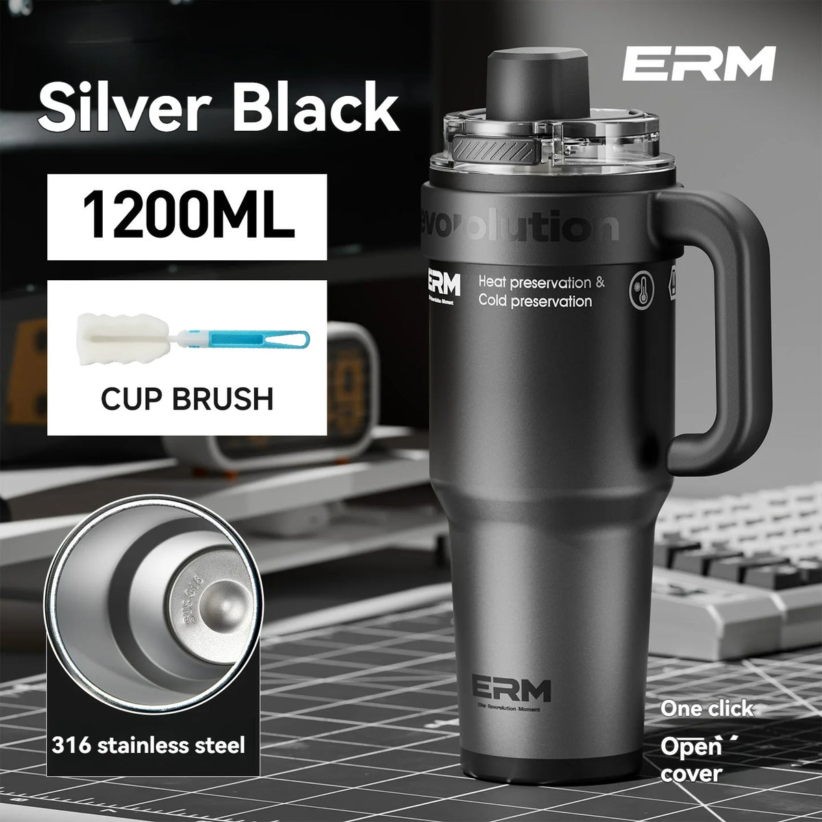 1200ml Insulated Tumbler with Straw & Handle