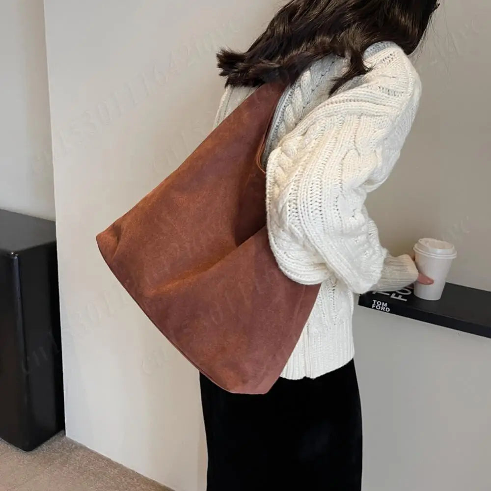 Vintage Suede Large Capacity Shoulder Tote Bag – Stylish Commuter Hobo Handbag for Women