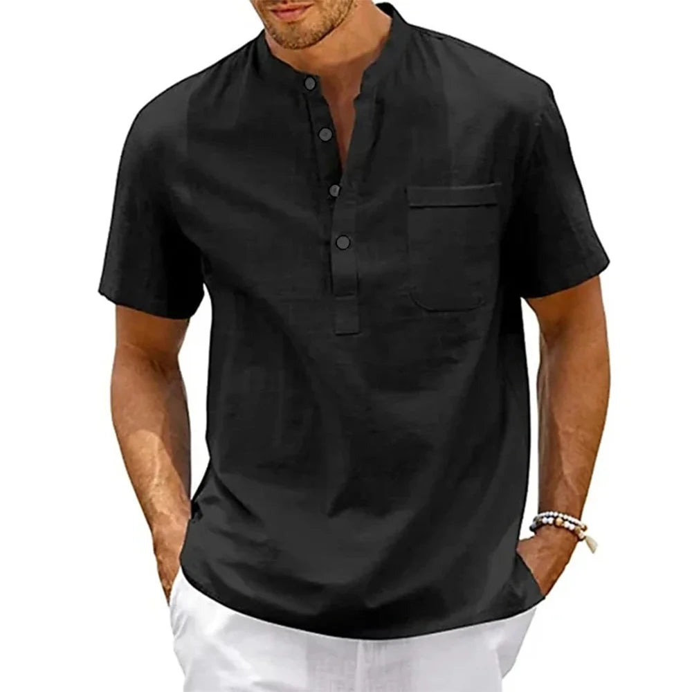Men's Cotton Linen Henley Beach Short Sleeve Shirt — Lightweight Summer Casual Shirt