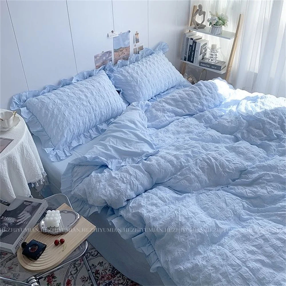 Girls Blue Seersucker Ruffle Bedding Set – Kawaii Soft Duvet Cover with Pillow Cases