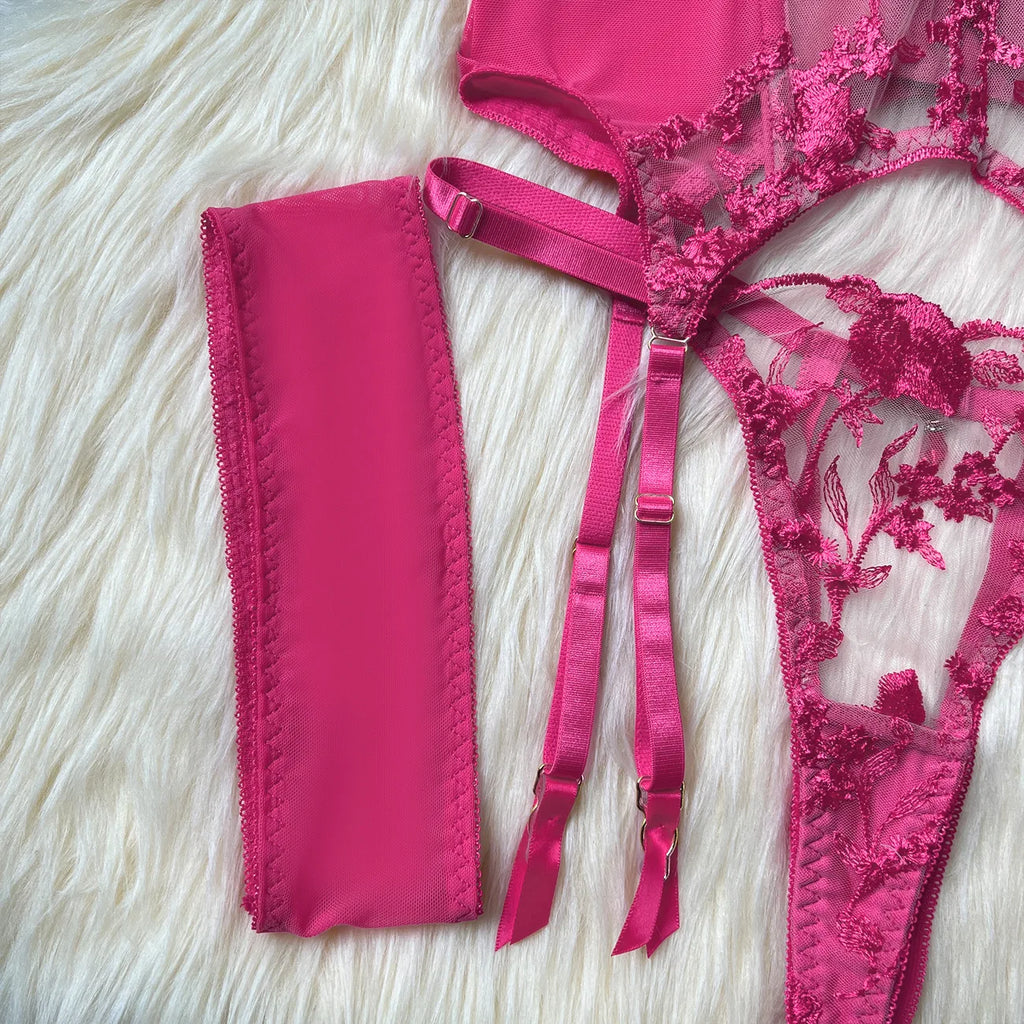 Sheer Embroidery Bra & Brief Set — Transparent Lace Underwear Suit