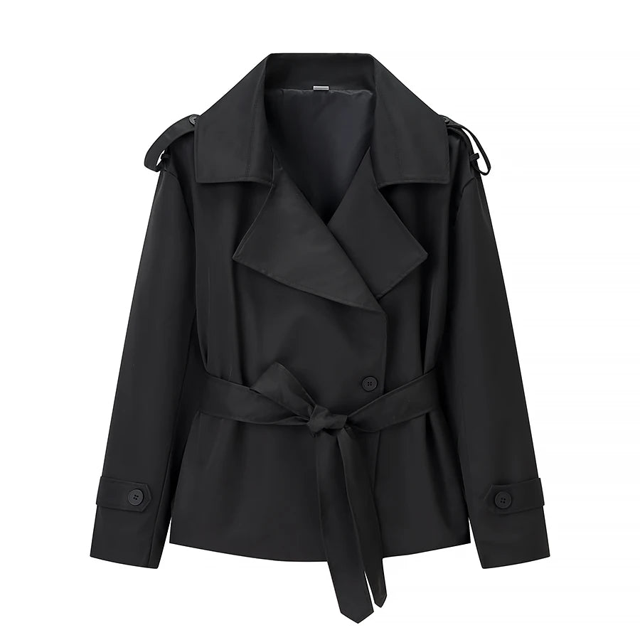 Women's Lace-Up Cropped Trench Coat – Wide Shoulder Windbreaker Jacket