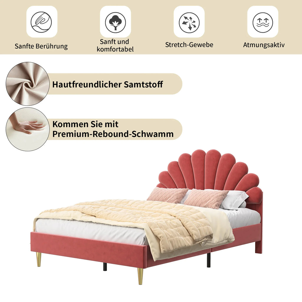 Elegant Upholstered Double Bed Frame – Flower-Shaped Headboard, Velvet Cover, 140x200cm, No Mattress