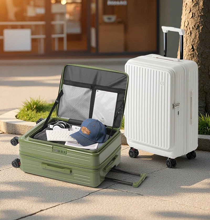Expandable Front-Opening Suitcase – Cup Holder & Spinner Wheels