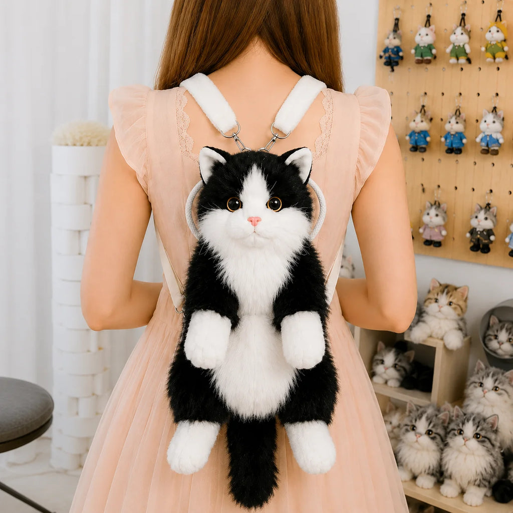 Cute Cat Backpack for Girls, Kawaii Plush Bag, Soft Animal Crossbody Bag for School, Travel & Daily Outfit