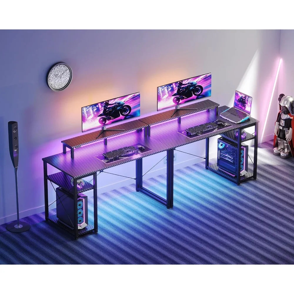 40 Inch Small Gaming Desk with LED Lights & Storage Shelf — Reversible Gamer Desk with Monitor Stand