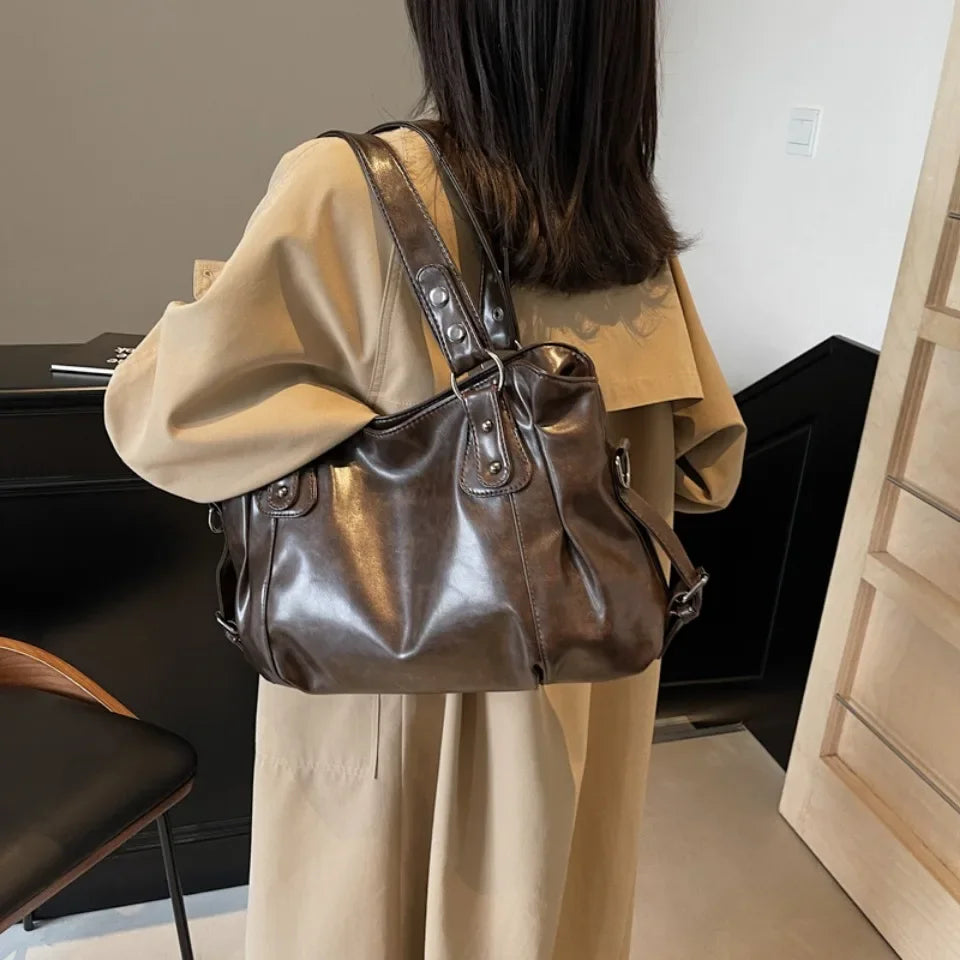 Retro Luxury PU Leather Tote Bag – Large Capacity Solid Color Crossbody Shoulder Bag for Women