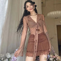 Women's Long Flare Sleeve Blouse – Lace-Up Mesh Korean Fashion Elegant Casual Solid Top