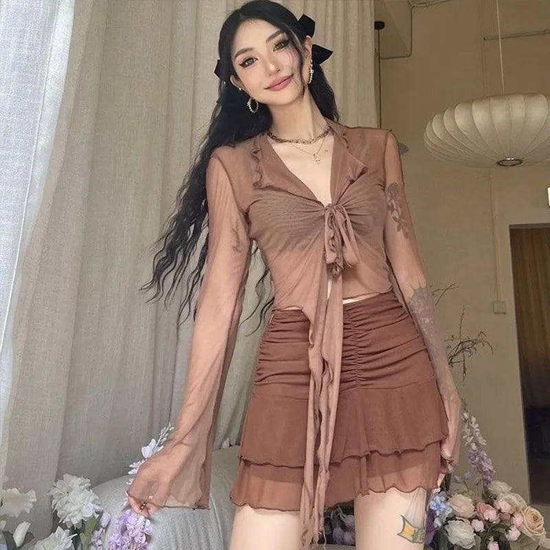 Women's Long Flare Sleeve Blouse – Lace-Up Mesh Korean Fashion Elegant Casual Solid Top