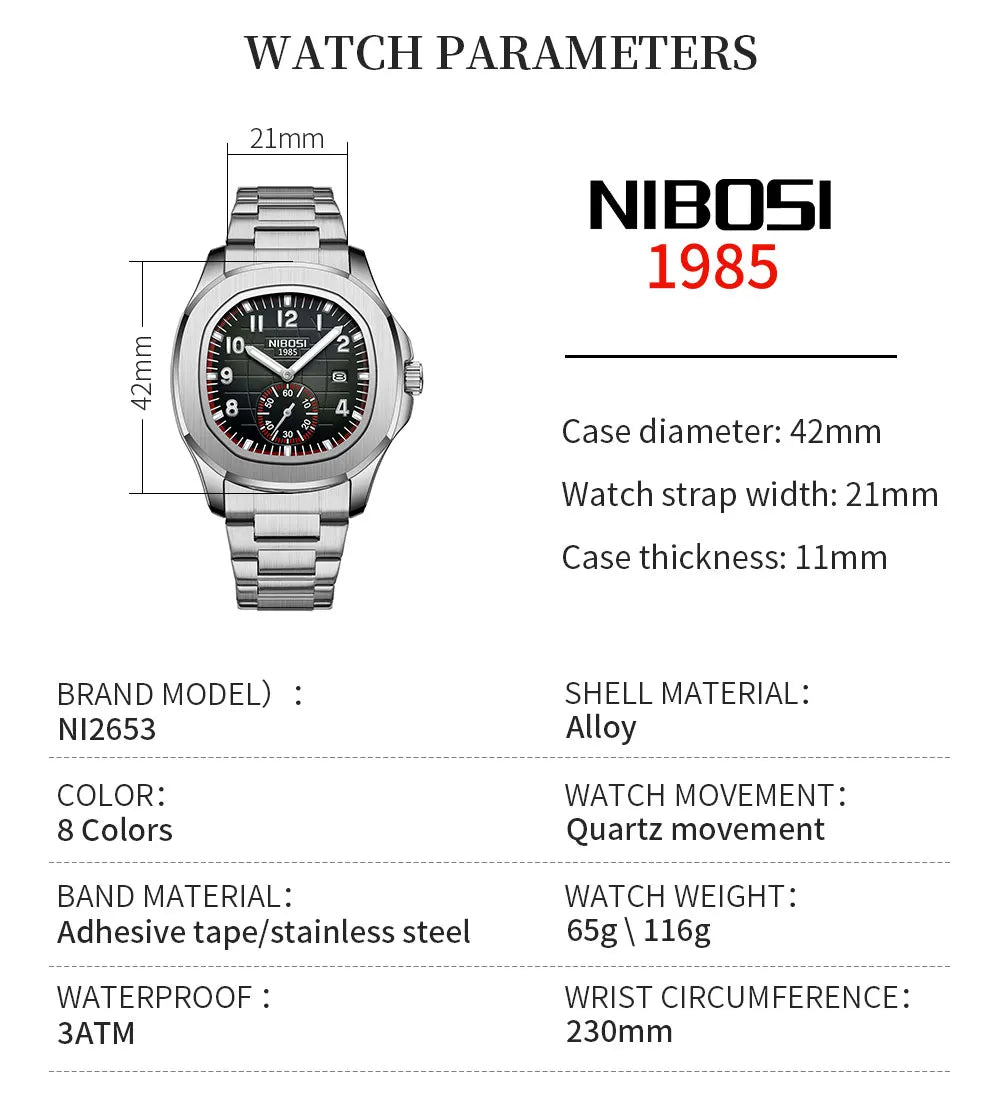 NIBOSI Men's AQUANAUT Sport Quartz Watch | Luxury Auto Date Luminous Waterproof Wristwatch
