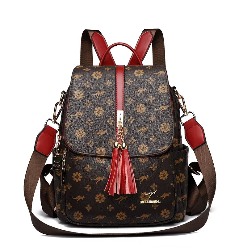 Women's Luxury Leather Backpack – Vintage Print Tassel Fashion Bag