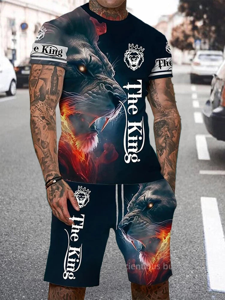 Men's Lion King 3D Print T-Shirt & Drawstring Shorts Set – Casual Outdoor Camping 2-Piece