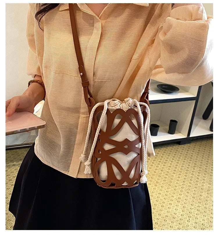Brilliant Fish Hollow Out Drawstring Mini Bucket Crossbody Bag – Adjustable Strap Shoulder Bag for Women
