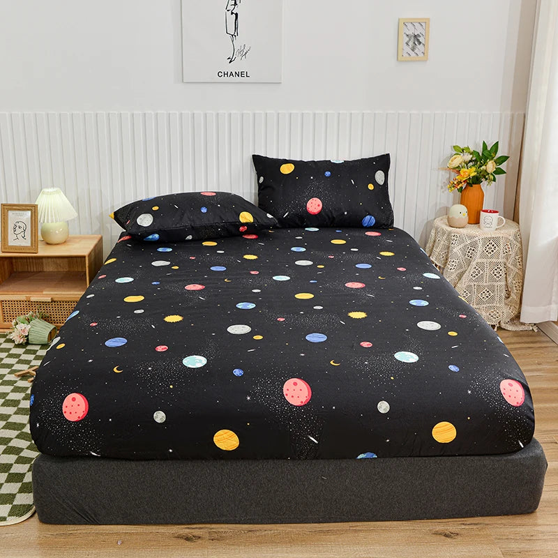 White Marble Print Fitted Bed Sheet with Elastic Band | Single, Queen & King Size, All-Around Bed Cover