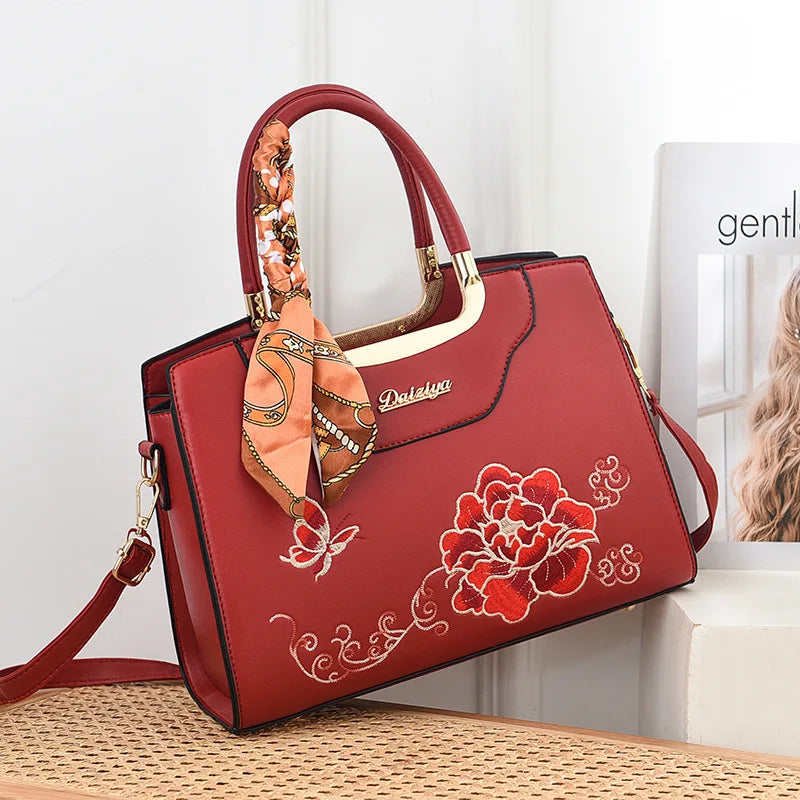 Luxury Embroidered Floral Soft PU Leather Crossbody Shoulder Bag – Casual Designer Handbag for Women