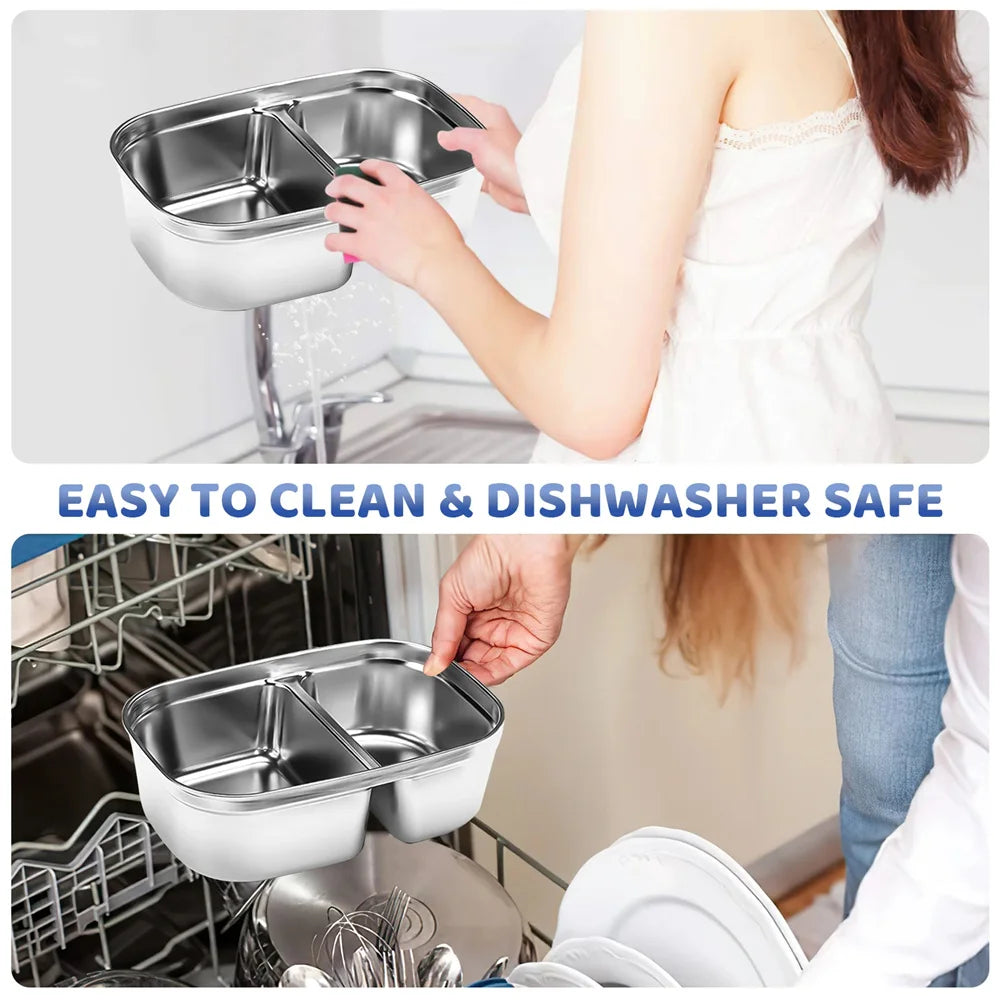 Stainless steel kitchen sink compartment being held by a person and placed inside a dishwasher with text 'Easy to clean & dishwasher safe'.