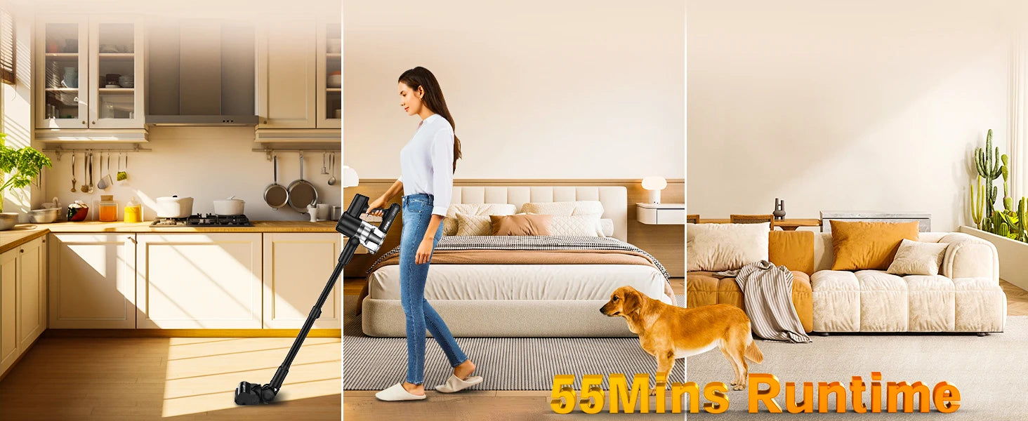 SUXIANGVAC Cordless Stick Vacuum Cleaner — 500W 55Kpa, 55-Min Runtime, Anti-Tangle, HEPA, Self-Standing