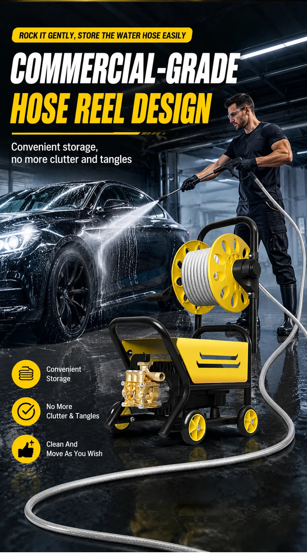 220V Household High Pressure Car Washer Portable Boost Water Gun with Roller Mobile Cleaning Machine for Car Yard Washing