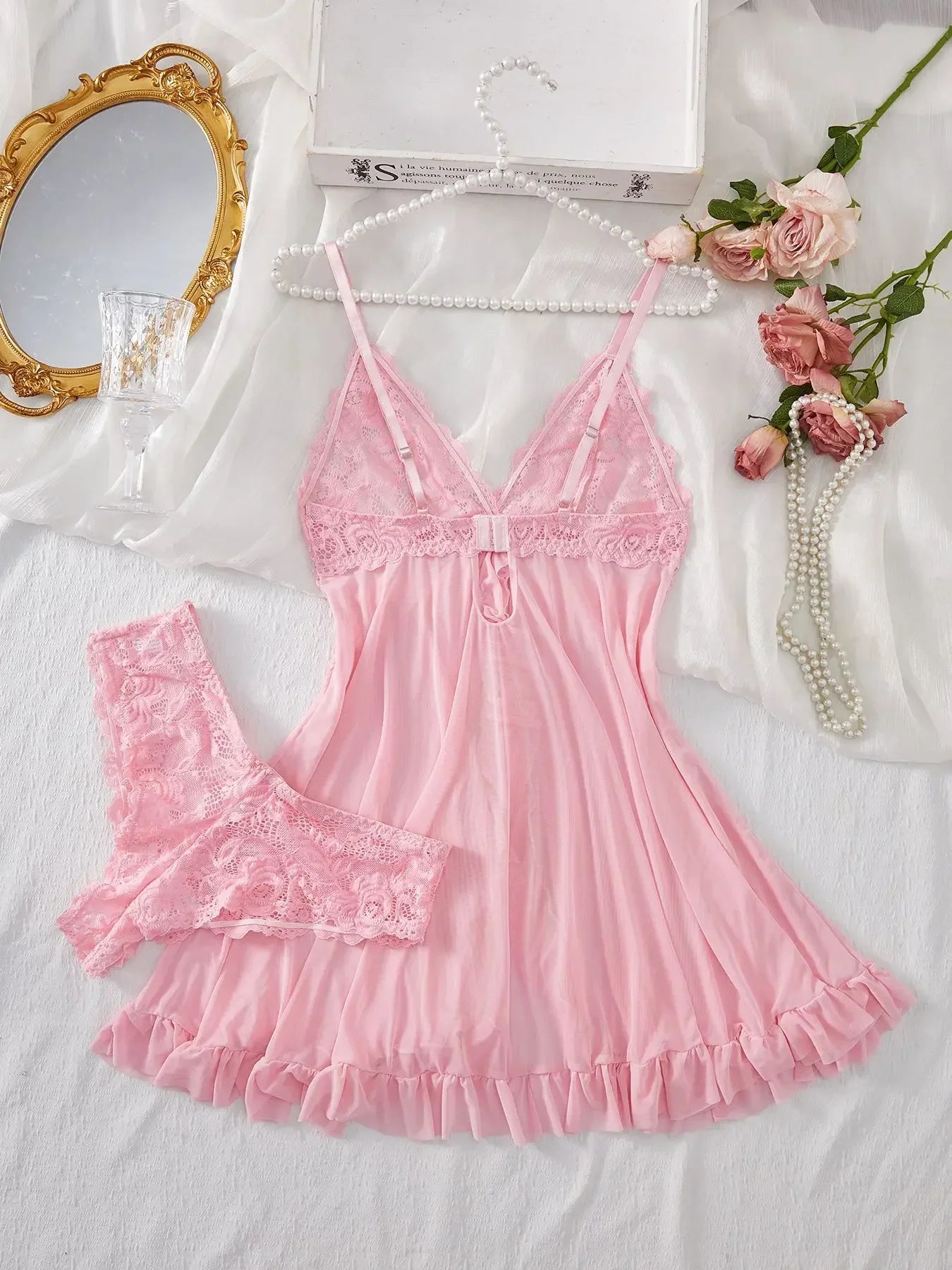 Lace Bra & Slip Nightdress Set — Wire-Free Sexy Sleepwear