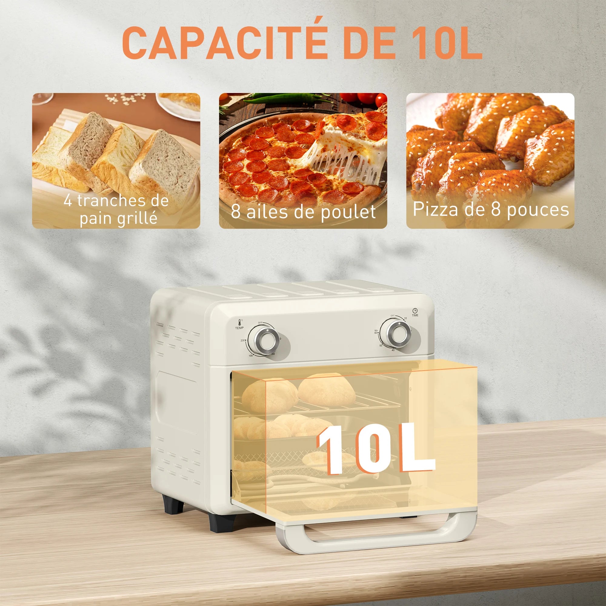 HOMCOM 10L Mini Hot Air Oven & Oil-Free Deep Fryer – 60-Min Timer, 80-230°C, Plate & Baking Grid, Cream