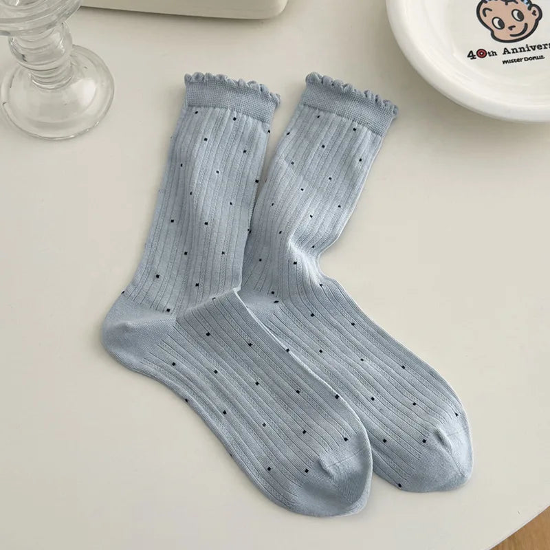 Women's Polka-Dot Crew Socks – Thin Cotton Blend
