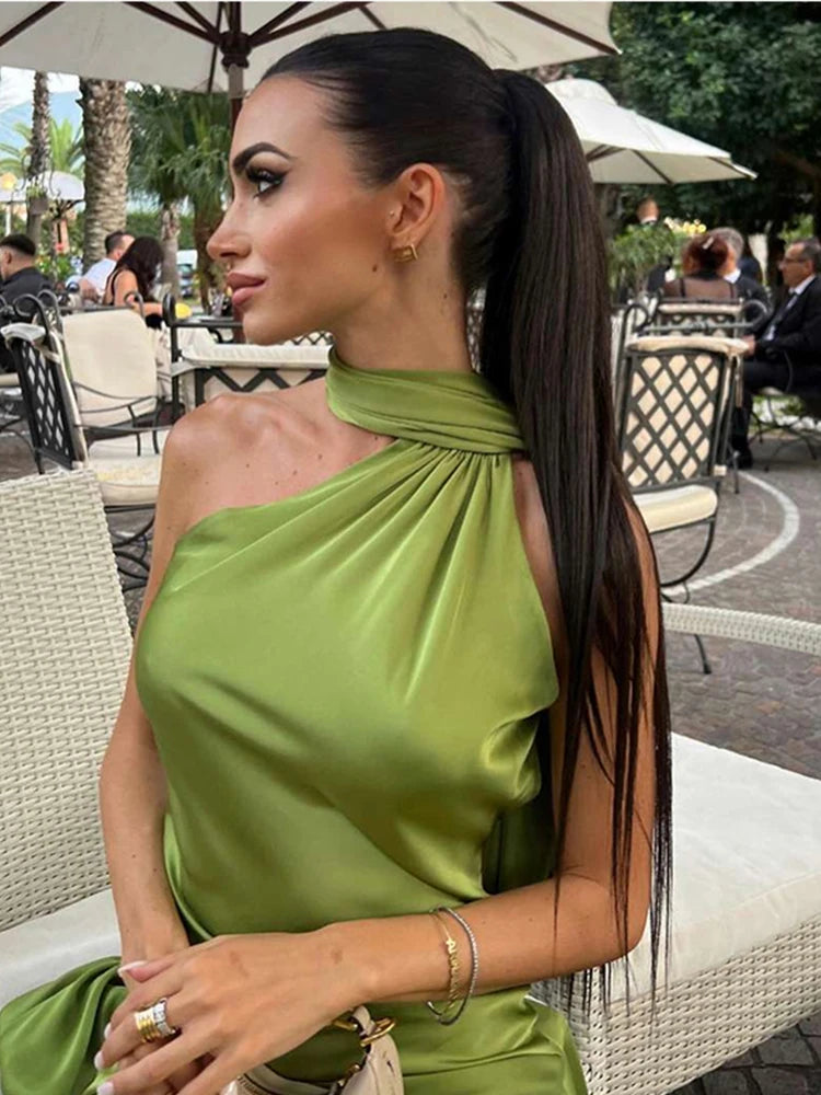 Sexy Satin Halter Backless Party Dress – Off Shoulder Sleeveless Solid Robe Gown 2026