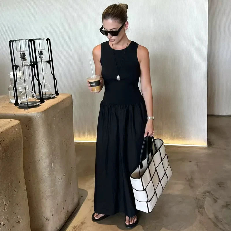 Sleeveless Elegant Maxi Dress — Vintage Casual Party Dress in Black & Khaki