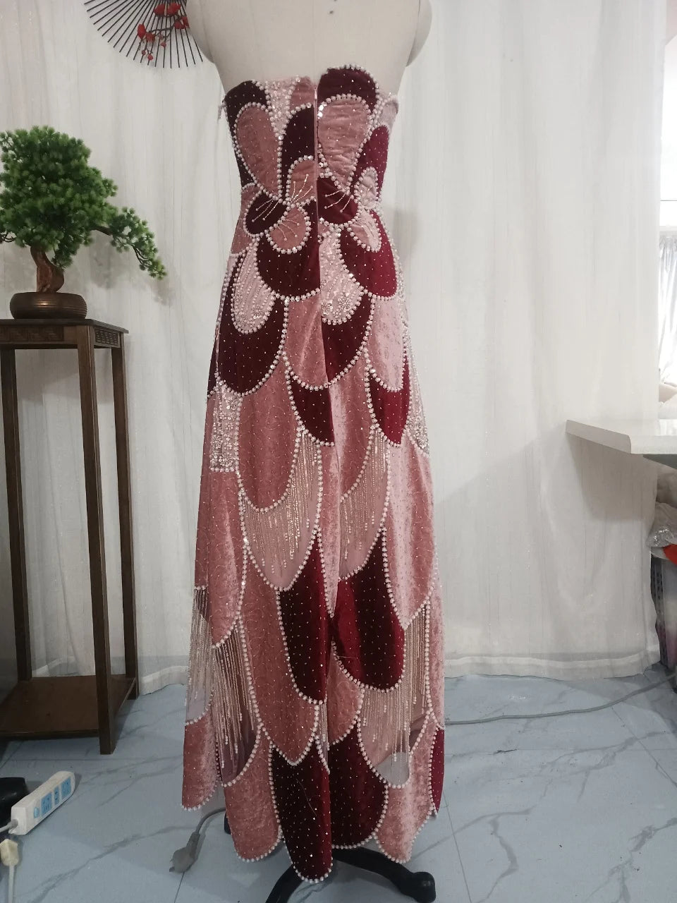 Dresses For Woman Cocktail Dress Pink Burgundy Strapless Abstract Floral Beaded Velvet Midi Gown  Vestidos De Fiesta Elegantes