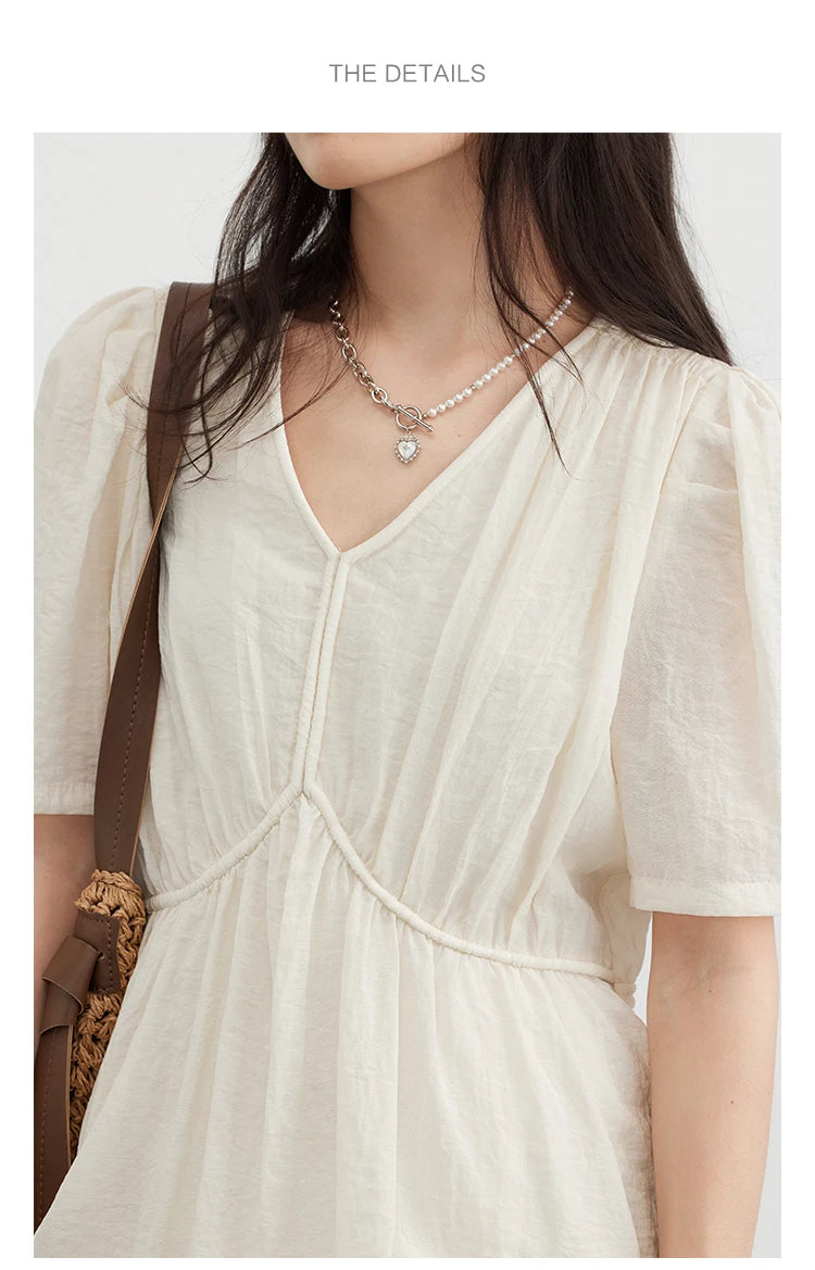 CHIC VEN Women Dresses French Style Vintage V-neck Puff Sleeve Long Dress Solid Black Loose Female Clothing Summer New 2023