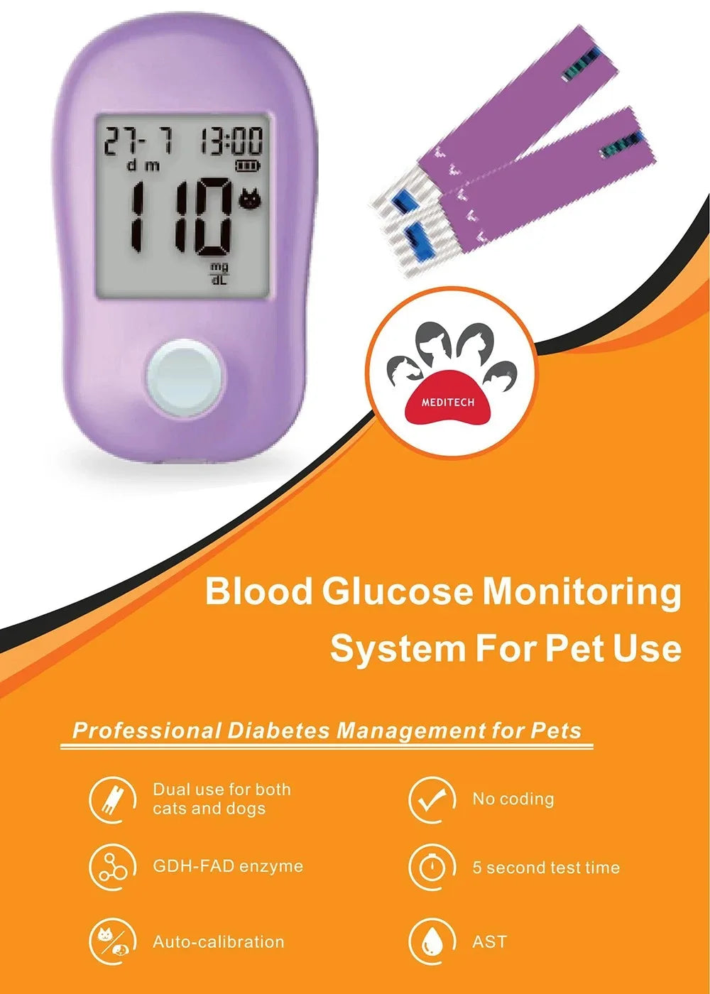 Pet Blood Glucose Meter – Professional Blood Glucose Monitoring System for Diabetic Dogs & Cats Diabetes Management