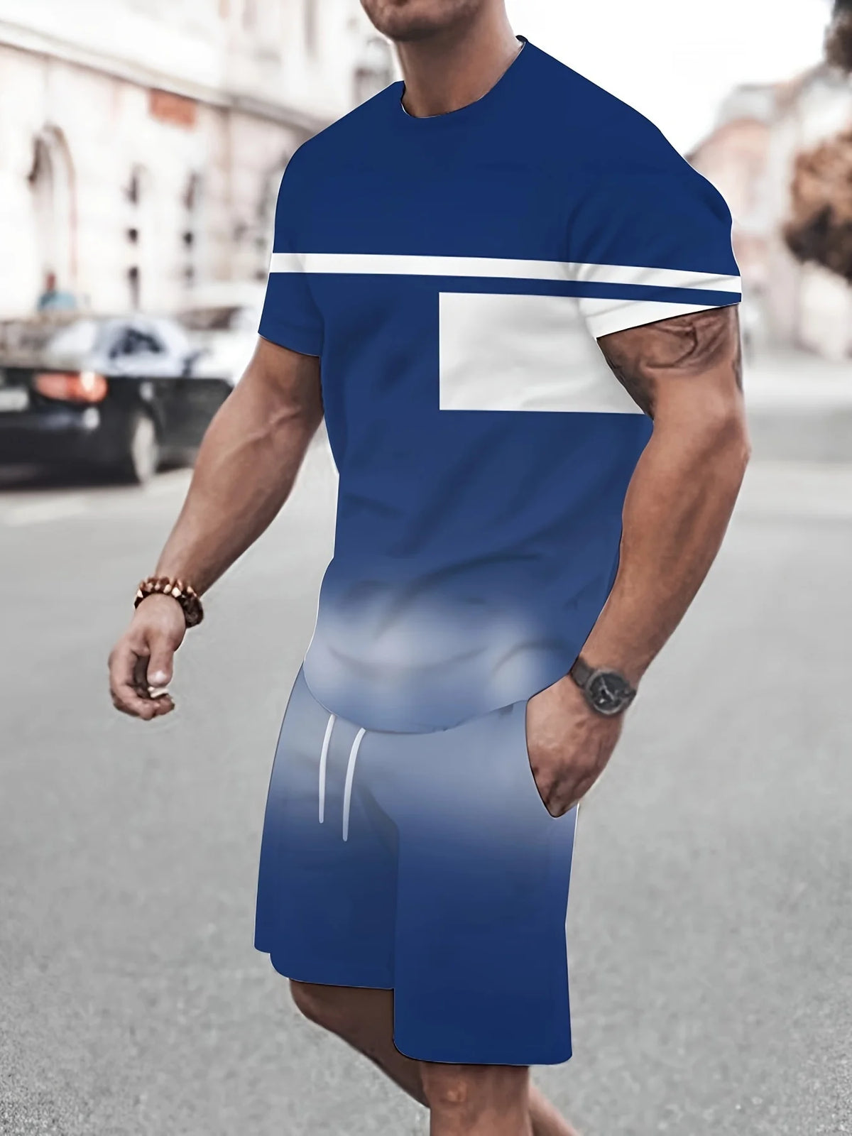 Men's Striped Short Sleeve T-Shirt & Drawstring Shorts Outdoor Travel Set