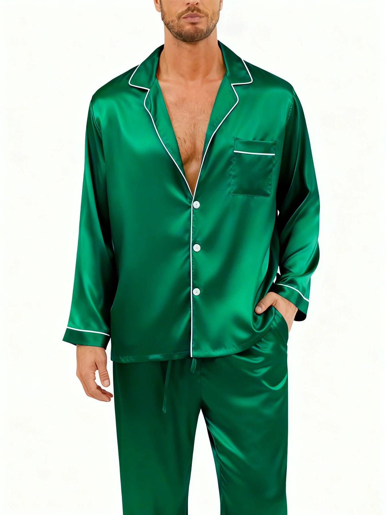 Men's Luxury Contrast Trim Pajama Set — Long Sleeve Top & Pants