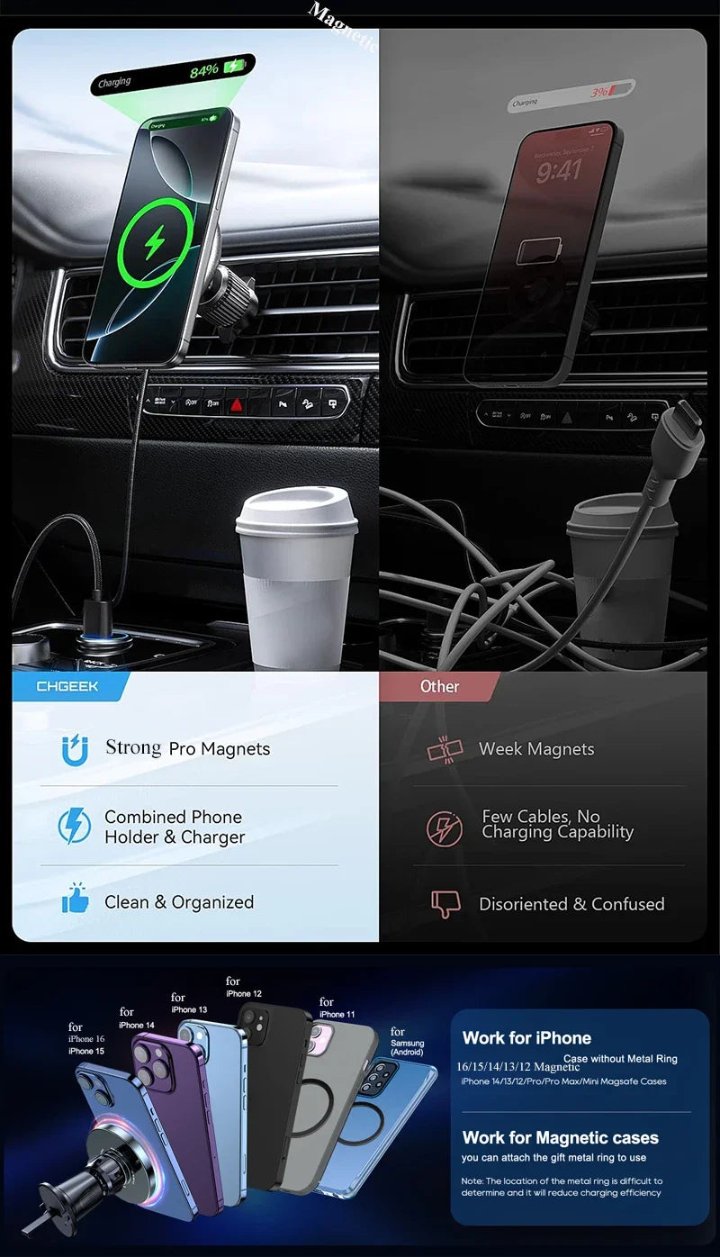 UYUXIO Strong Magnetic Wireless Car Phone Charger — MagSafe Compatible Dashboard Mount