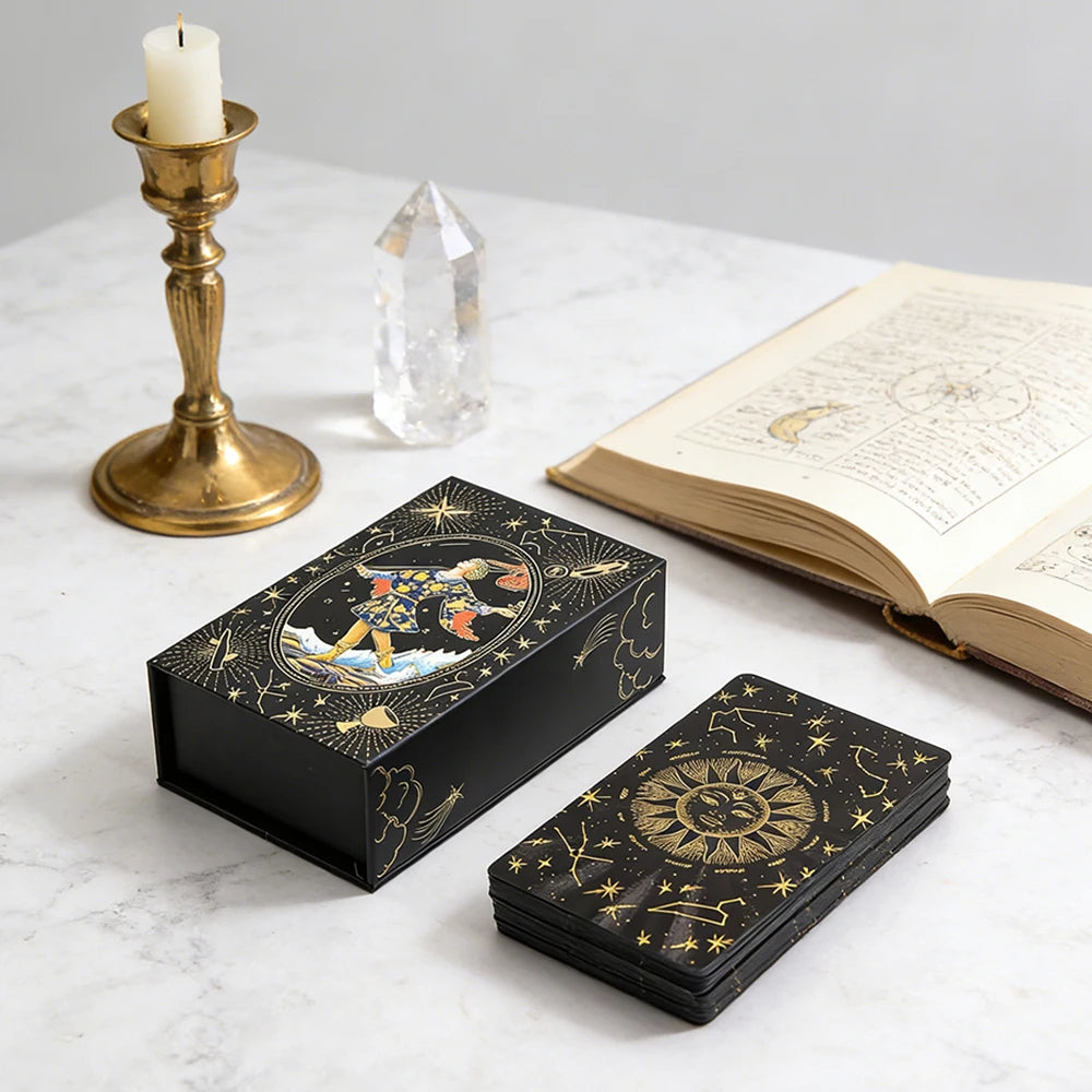 Golden Foil Tarot Cards Set – Luxe Finish with Wooden Card Stand for Beginners & Predictive Readings