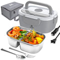 Electric lunch box with food compartments, utensils, and power adapter on a white background