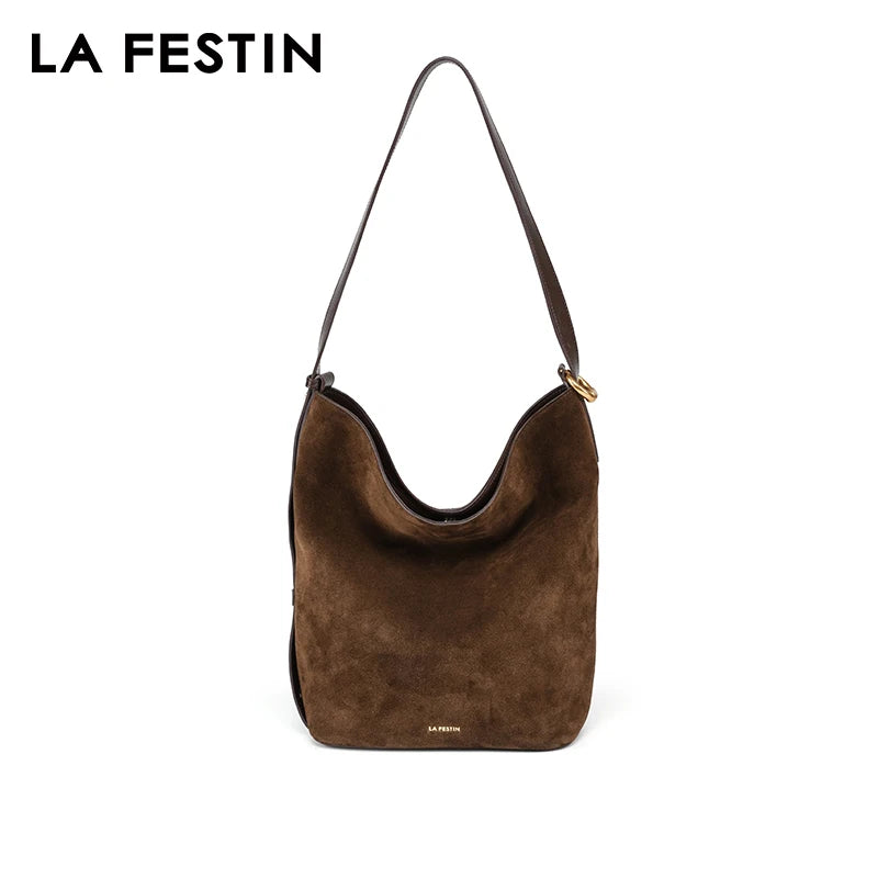 LA FESTIN Genuine Leather Bucket Bag – Designer Crossbody Shoulder Handbag for Women