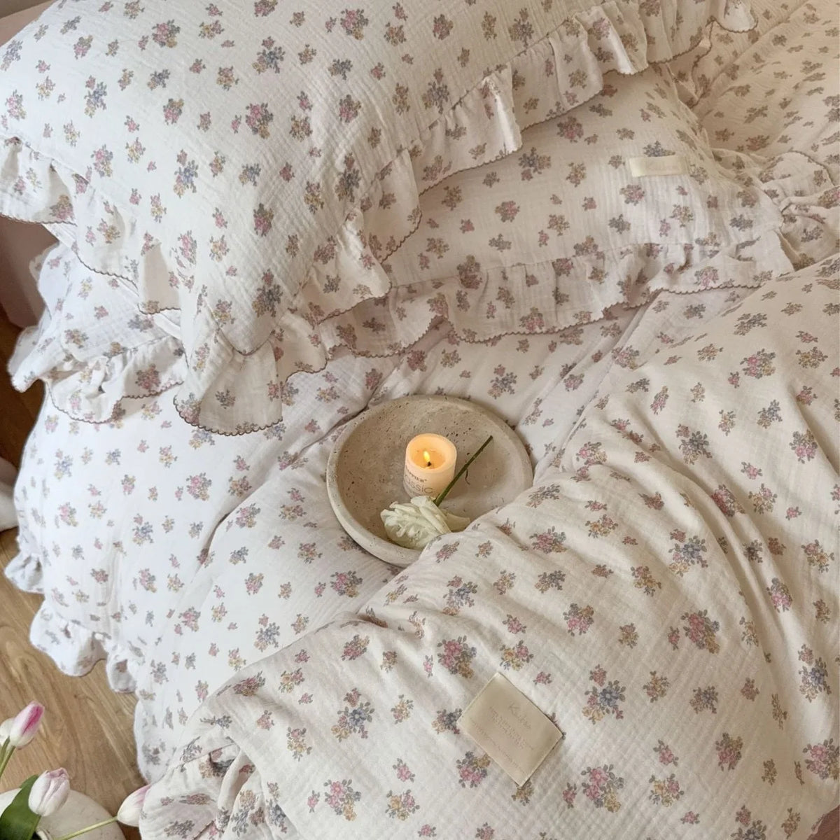 Princess Ruffle Bedding Set – 100% Cotton Gauze Duvet Cover with Pillowcases, Floral, 3-Piece