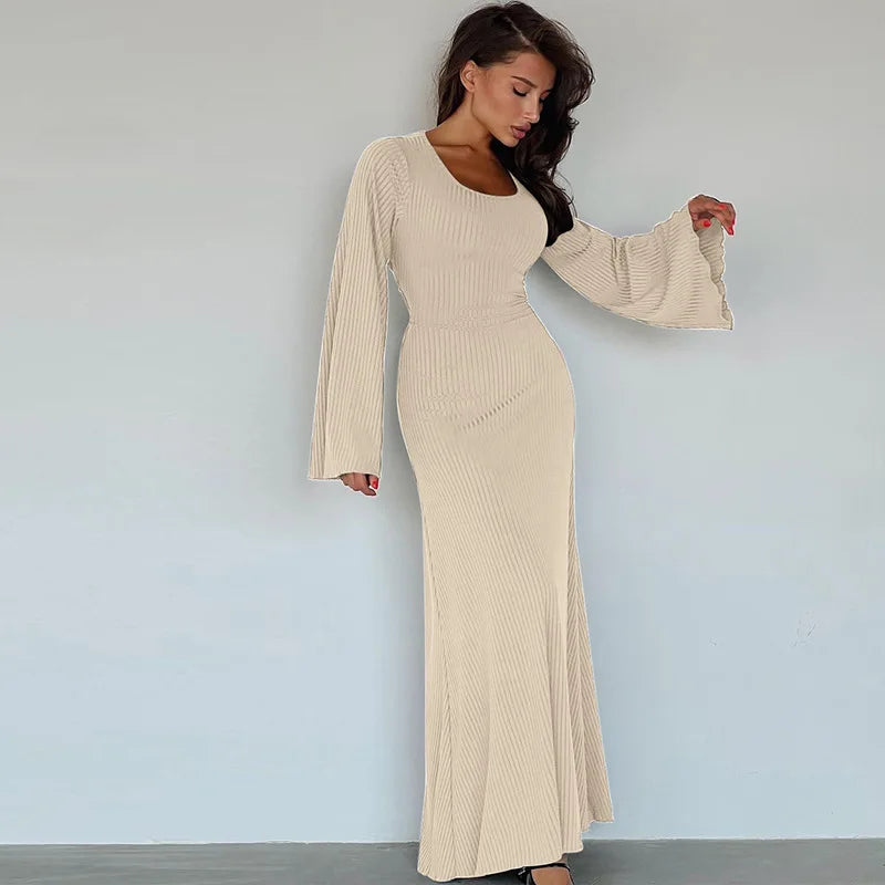 Long Flare Sleeve Maxi Dress — Slim Lace-Up Floor-Length Casual Office Dress
