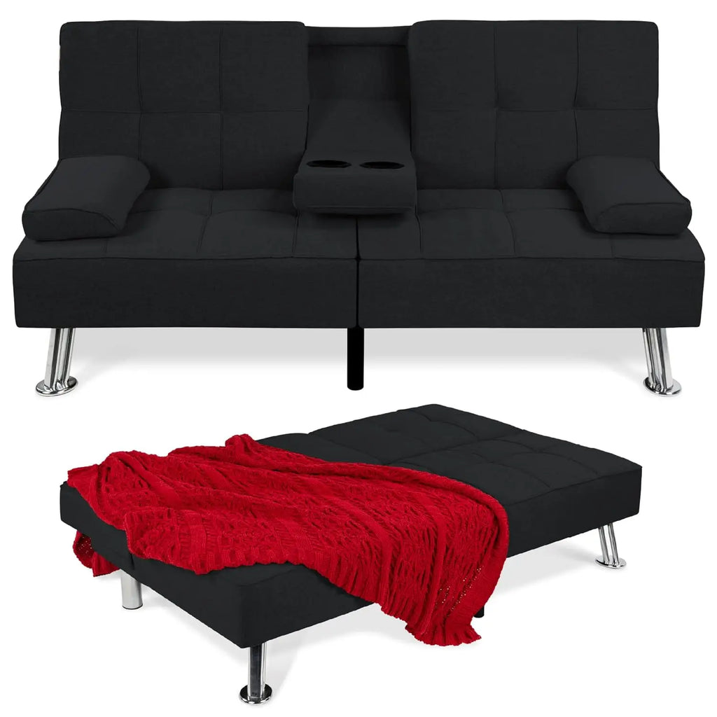 Sit, Recline, Sleep — Modern Linen Folding Futon Sofa Bed | 3 Positions, 2 Cupholders, Removable Armrests, 500 lb Capacity