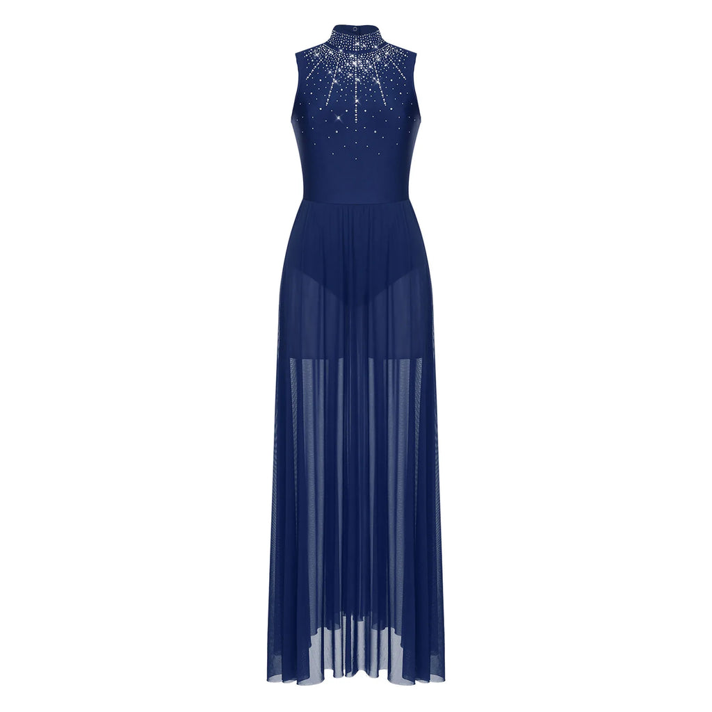Rhinestone Maxi Sleeveless Contemporary Dance Dress — Mock Neck Wide Hemline Lyrical Leotard