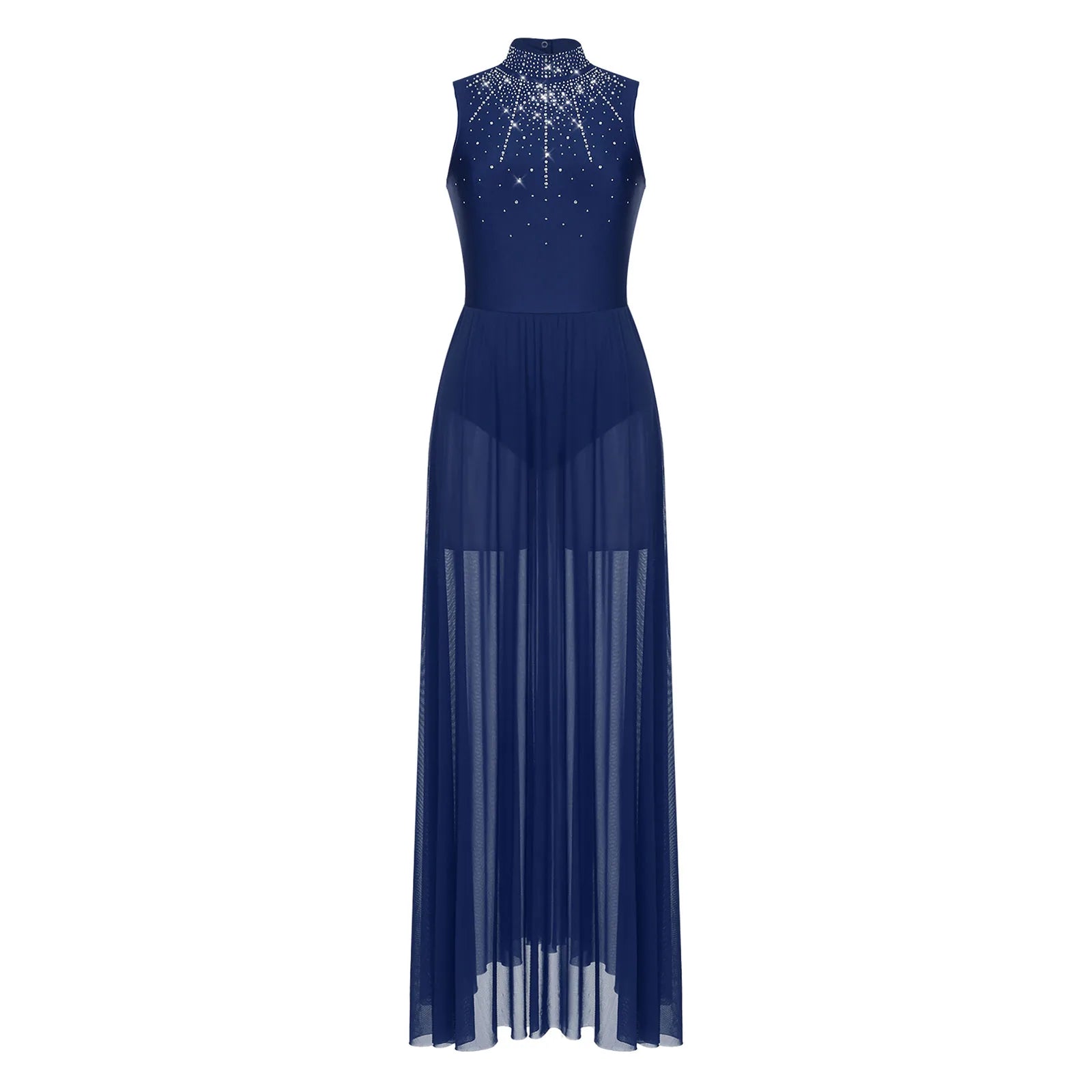 Rhinestone Maxi Sleeveless Contemporary Dance Dress — Mock Neck Wide Hemline Lyrical Leotard