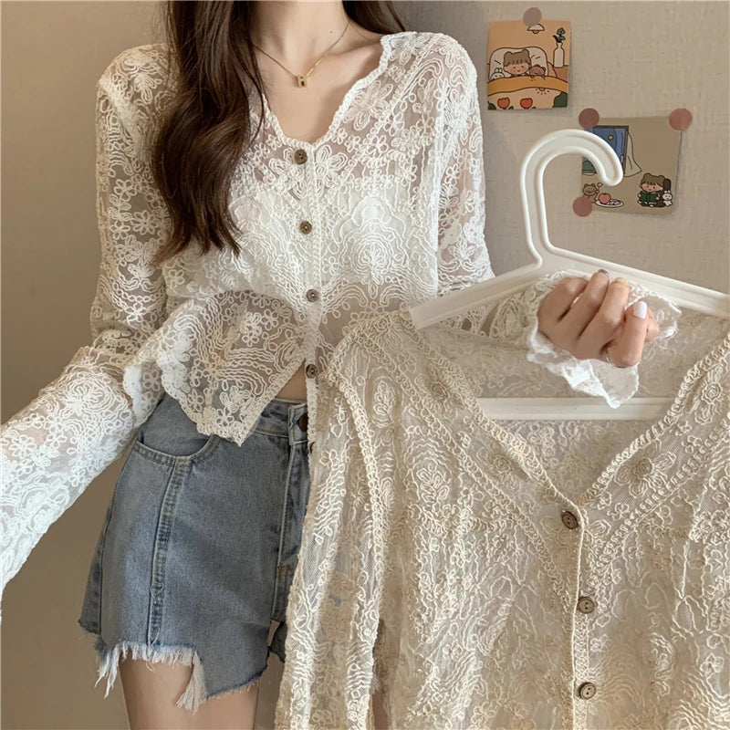 Women's Vintage Sheer Lace Blouse – Long Sleeve See-Through Sun Shirt Korean Style Casual Top