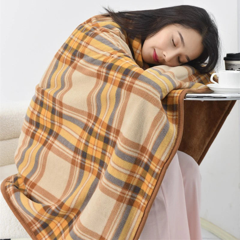 Wearable Plaid Fleece Blanket with Button – Thick Warm Throw for Sofa, Bed, Travel & Office