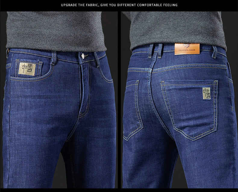 Men's Fleece-Lined Straight Denim Jeans — Warm Thick Winter Stretch Jeans