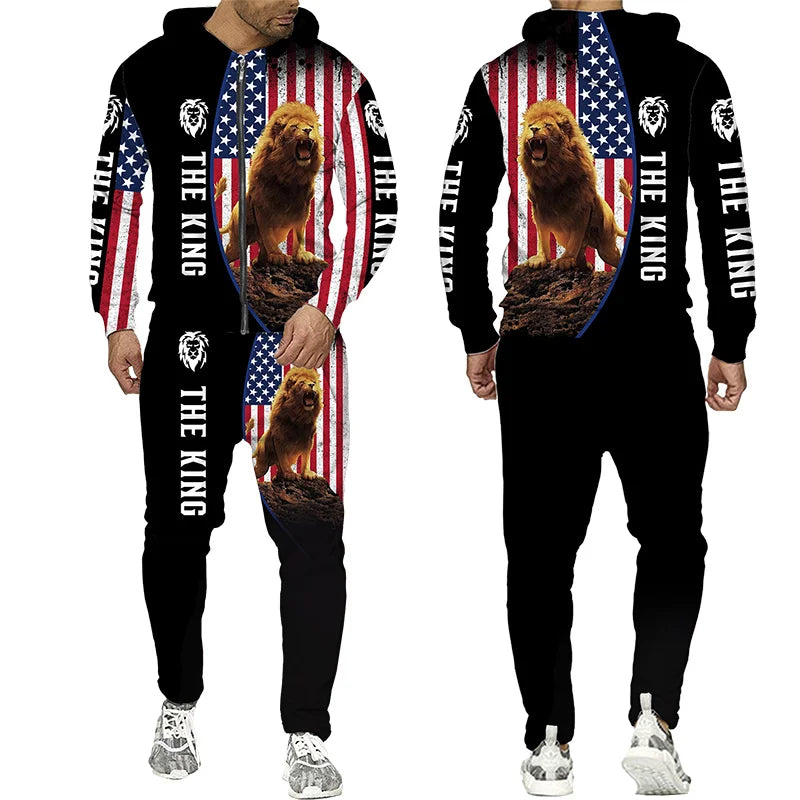 Men's 3D Lion Print Zip-Up Hoodie & Elastic Waist Pants Tracksuit Set